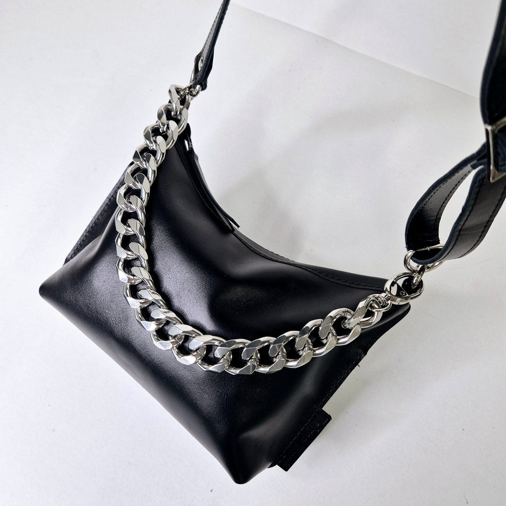 Black Leather Hobo Bag - Small