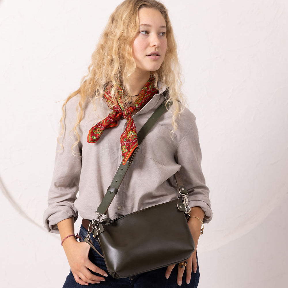 TOMMY Leather Bag with Two Handles - Dirty Green