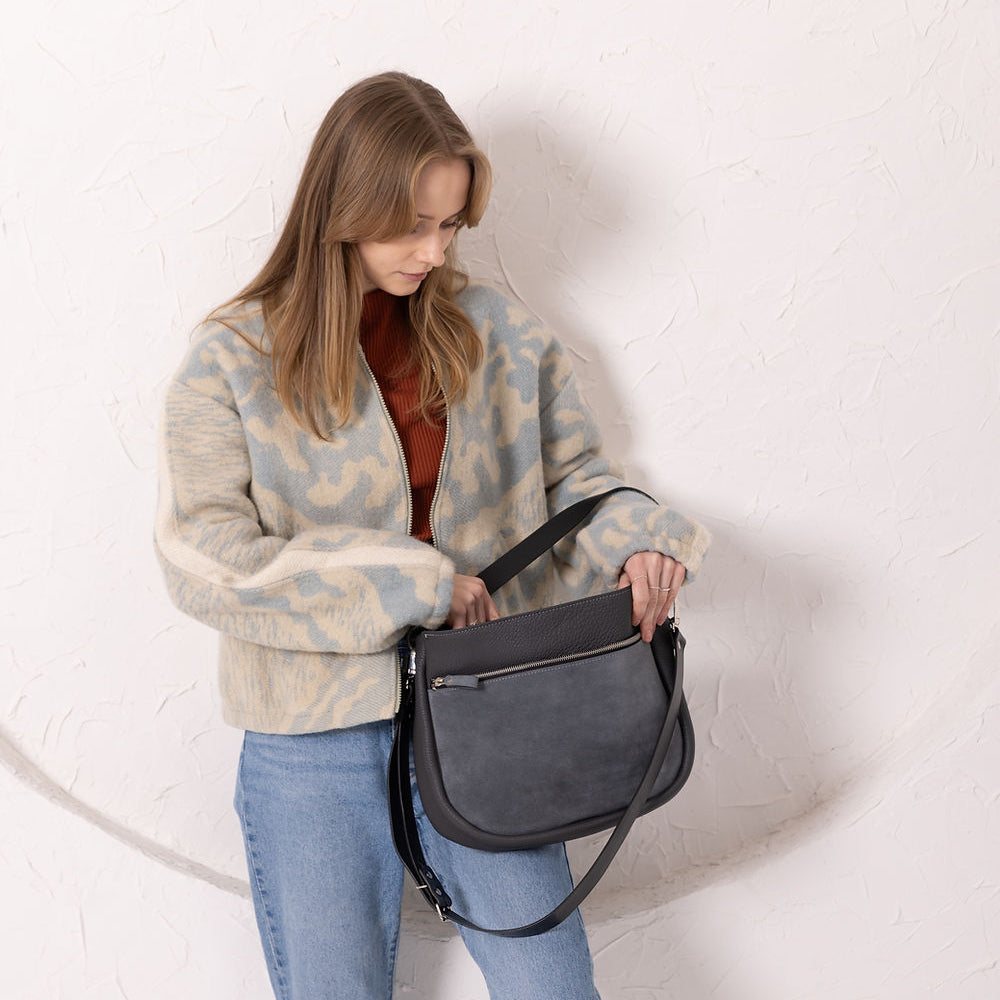 STELLA Leather Handbag - Grey & Suede