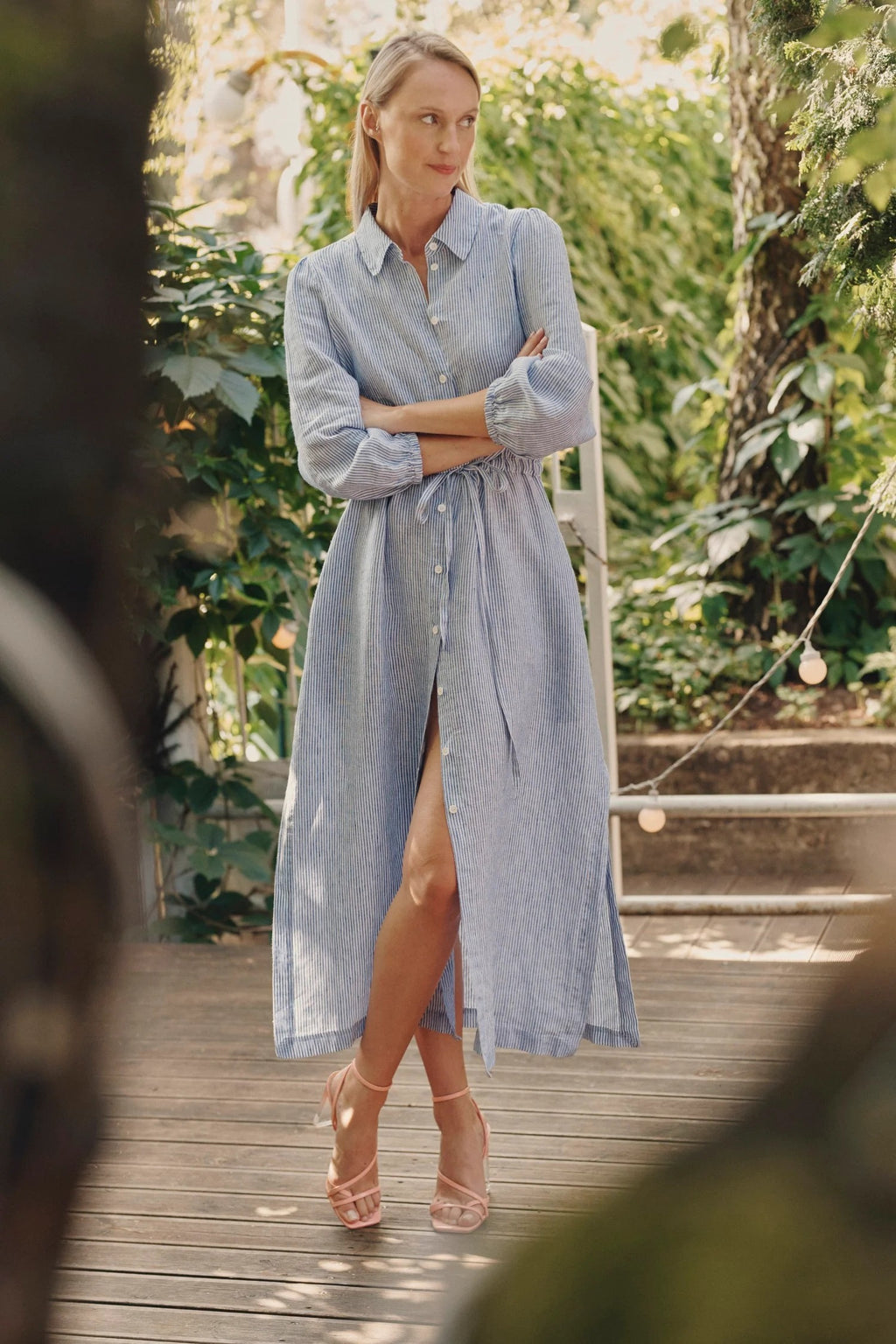 Linen Rhapsody Dress - Blue White Stripes