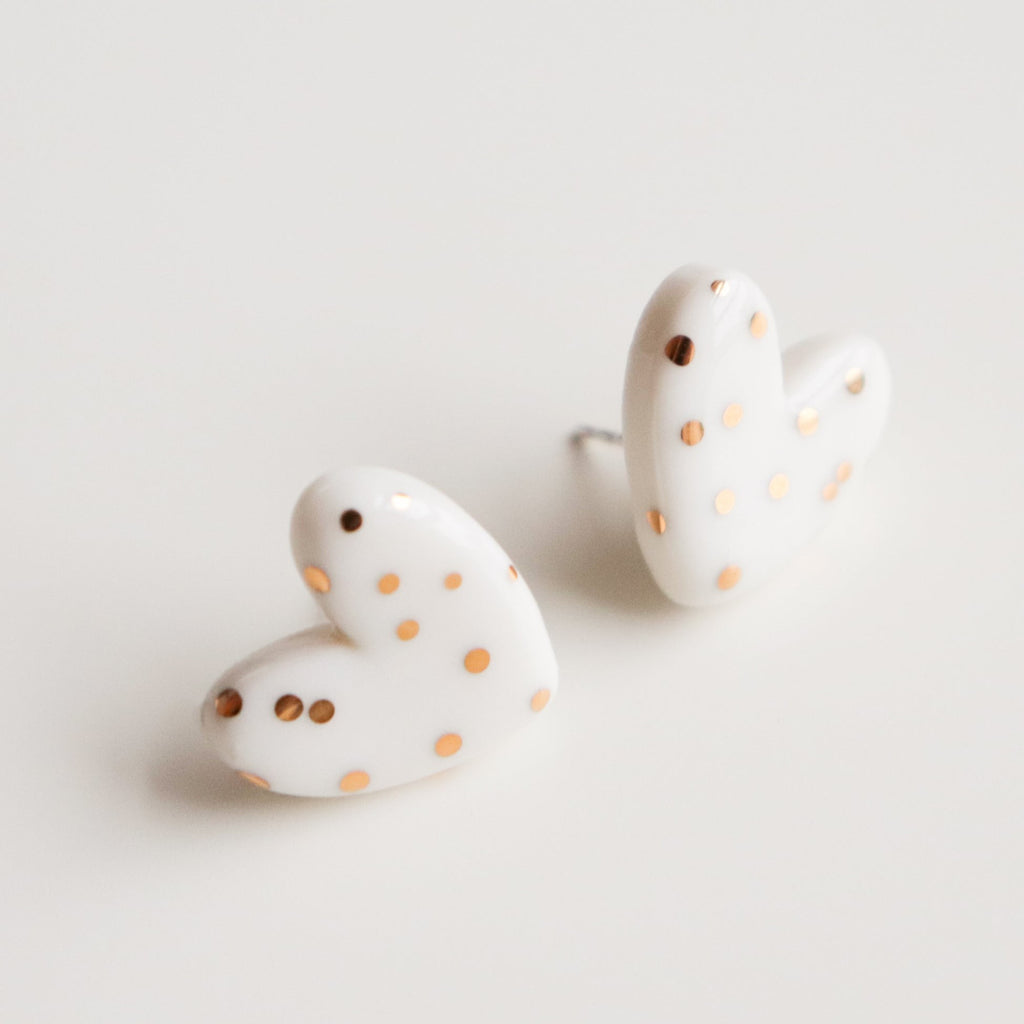 Dotted Porcelain Heart Studs -  White