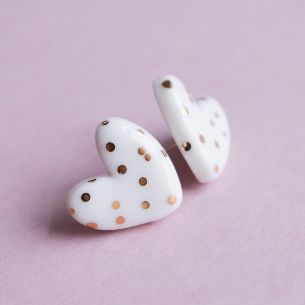 Dotted Porcelain Heart Studs -  White