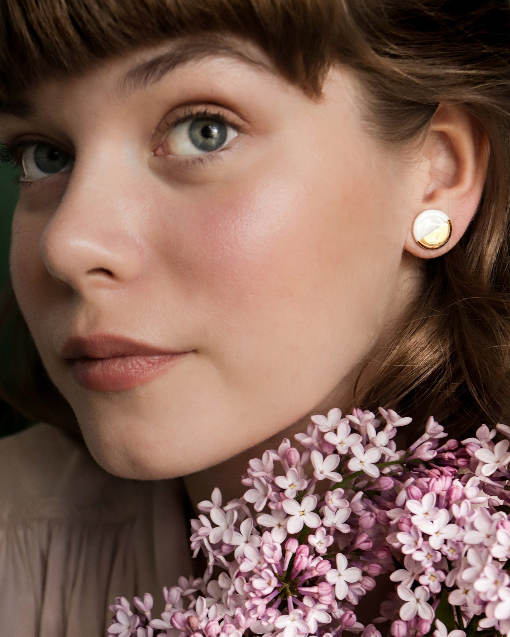 Porcelain Round Stud Earrings - Pink and Gold