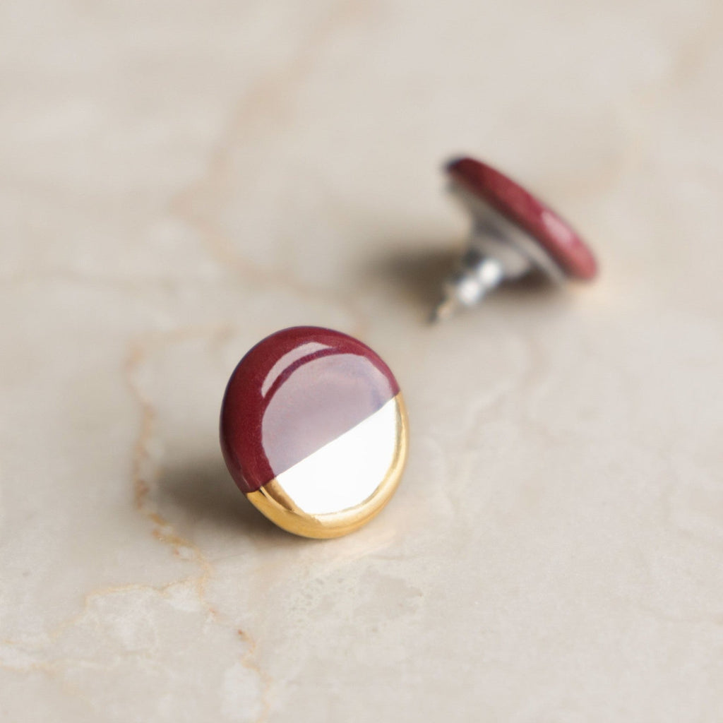 Porcelain Round Stud Earrings - Burgundy and Gold