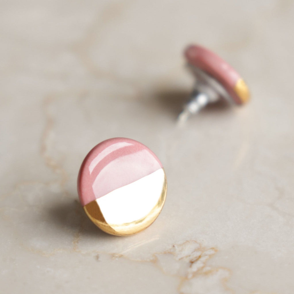 Porcelain Round Stud Earrings - Pink and Gold