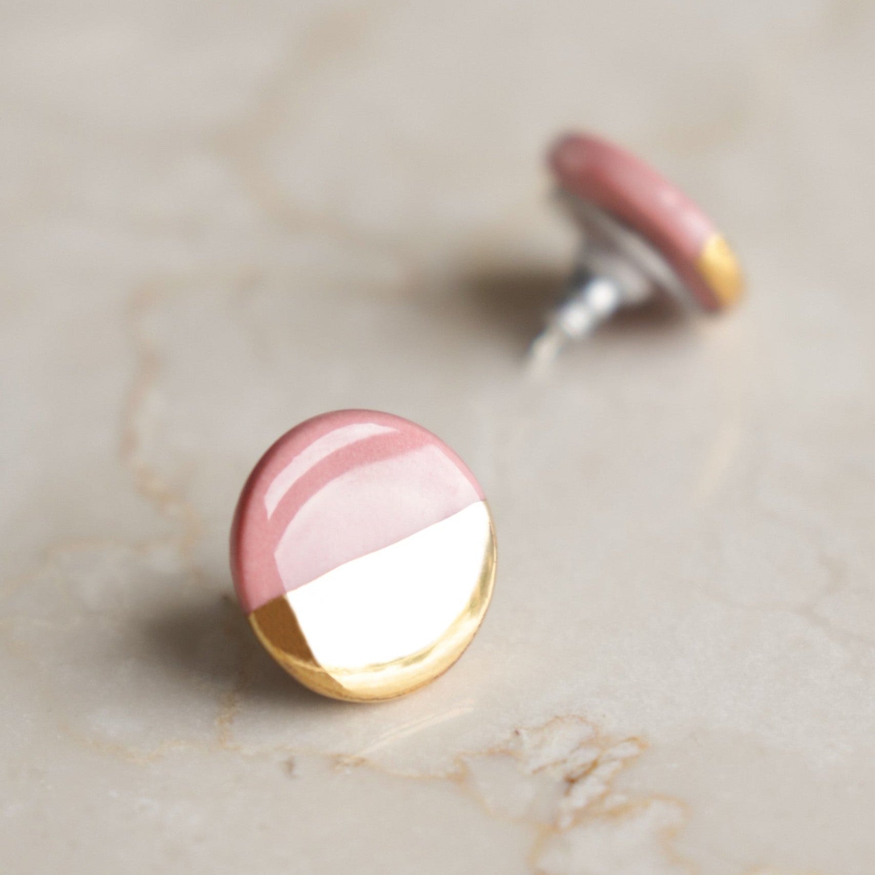Porcelain Round Stud Earrings - Pink and Gold